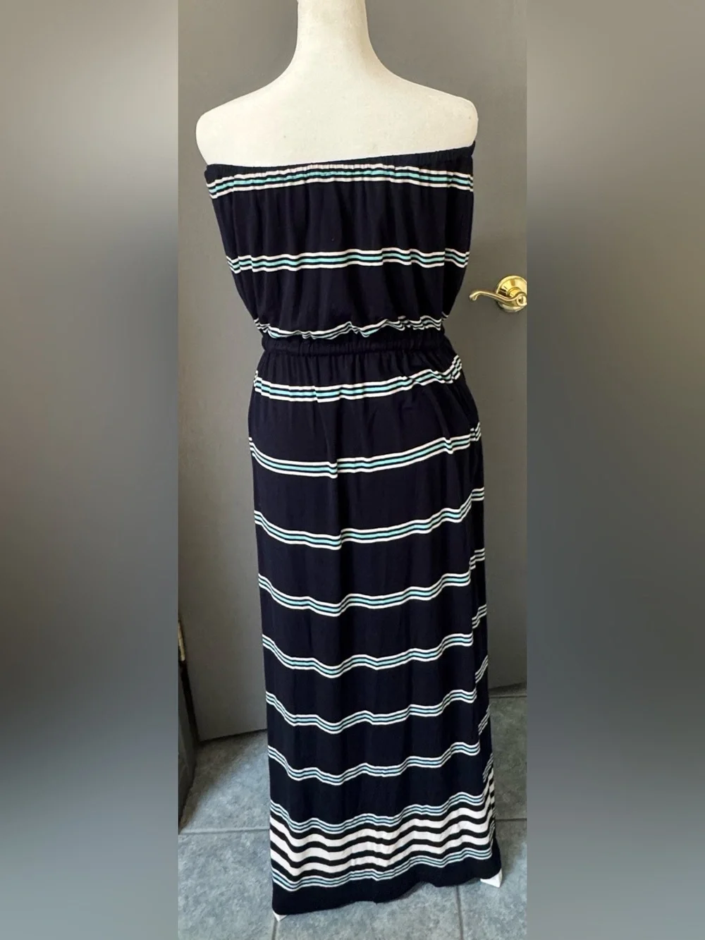 J. Crew Sz S Navy Strapless Striped Maxi Dress